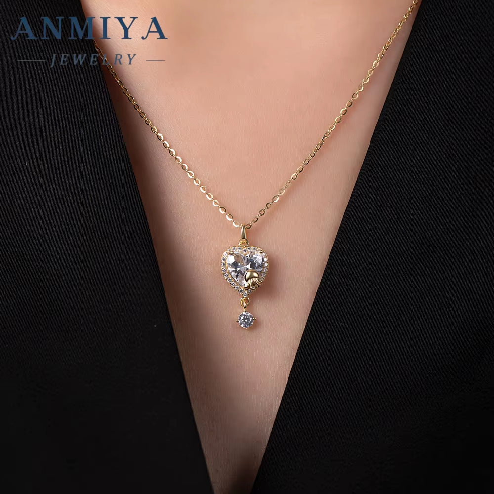 ANMIYA Best Selling 925 Sterling Silver Luxury Necklace Earrings Set for Women Zircon Heart Necklace Fine Jewelry Set