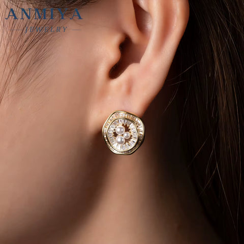 Gold Plated Freshwater Pearl Zircon Flower Pendant Necklace Stud Earrings Set Fine Jewelry for Women