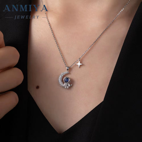 ANMIYA Cute Space Astronaut 925 Silver Moon Star Sterling Silver Necklace for Women Men