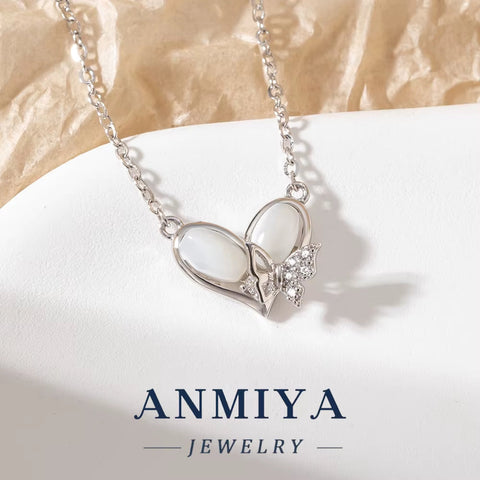 ANMIYA New 18K Gold Plated Heart Necklace Jewelry 925 Silver Butterfly Tassel Necklace for Women