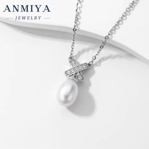 ANMIYA Crafted 925 Sterling Silver Designer Minimalist Fresh Water Pearl Zircon X Shape Fashion Pendent Necklace