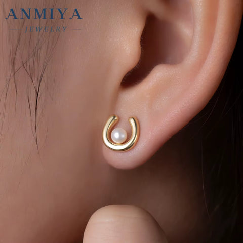 ANMIYA Trendy Best Selling U Shape Freshwater Pearl 18K Gold 925 Silver Necklace and Stud Earrings for Women Formal