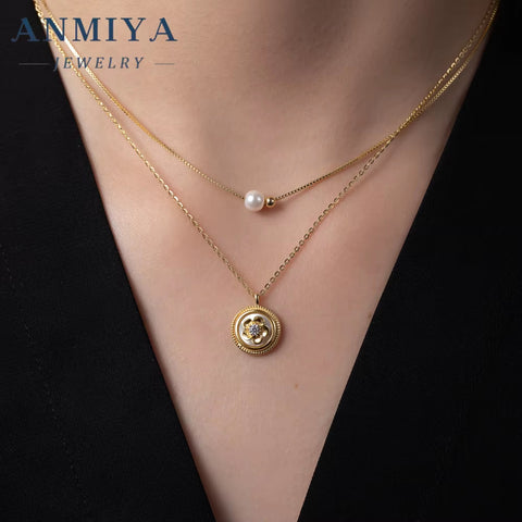 ANMIYA CUSTOM OEM Fine Jewelry Zircon 925 Sterling Silver Fresh Water Pearl Multi-Layered Necklace for Women