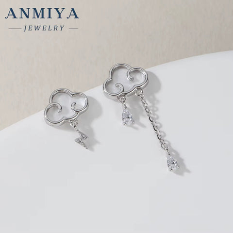 925 Silver Needle Delicate Zircon Clouds Drop Tiny Cute Asymmetric Temperament Ear Piercing Women Fashion Earrings