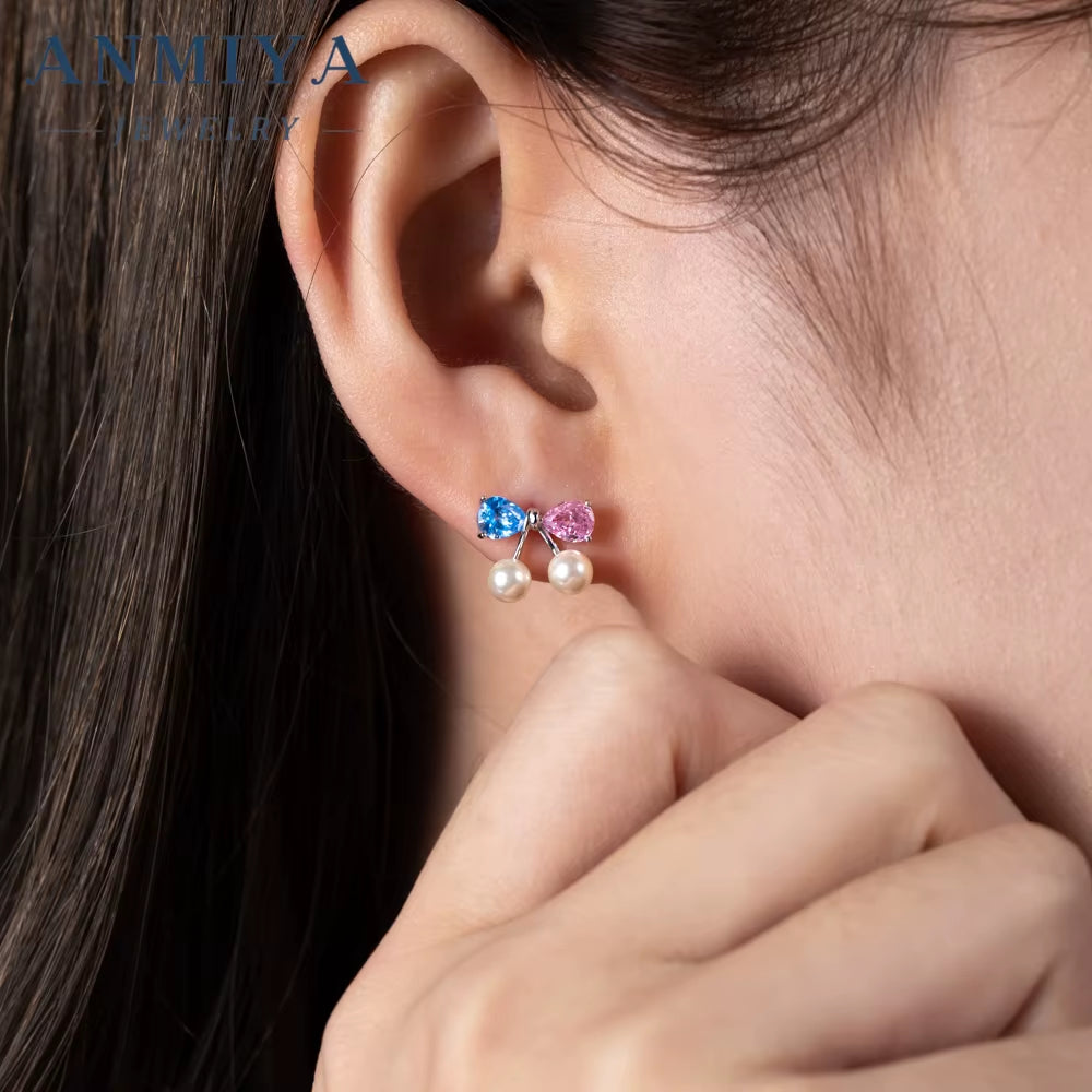 High Quality Summer Fancy Rhinestone Bow Pearl Stud Earrings for Women Girls