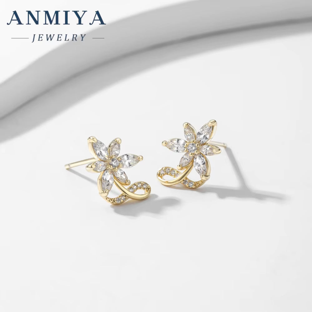 ANMIYA Fashion Jewelry Statement 18K Gold Plated Cubic Zirconia Flower Earrings for Children for Gifts