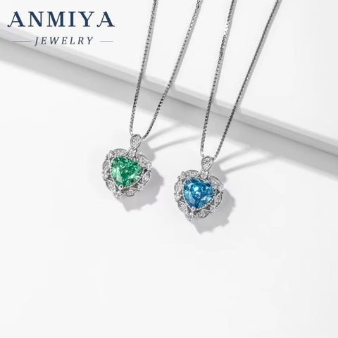 Fine Jewelry 925 Sterling Silver Necklace Green Ice Cut Zircon Heart Shape Necklace for Lover