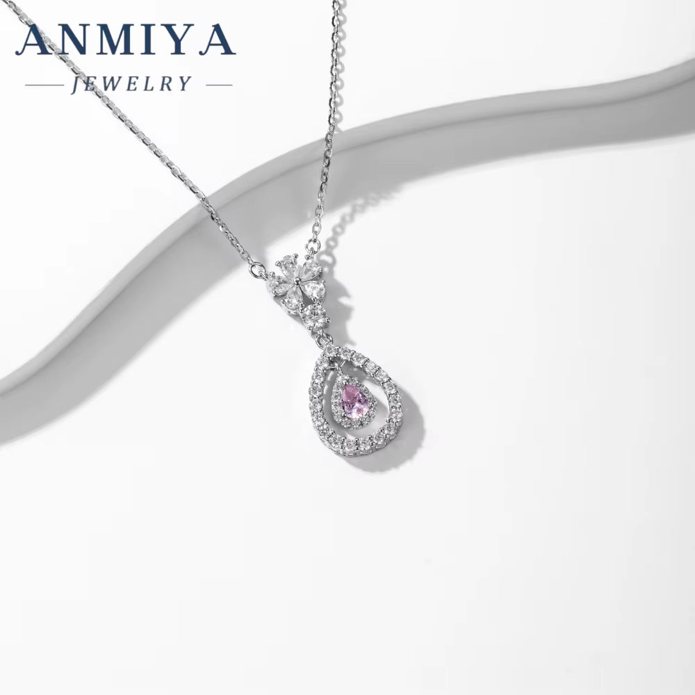 Fine Jewelry Pear Ice Crushed Cubic Pink Zirconia Hollow Out Silver Necklace Fashion Jewelry Pendants Charms