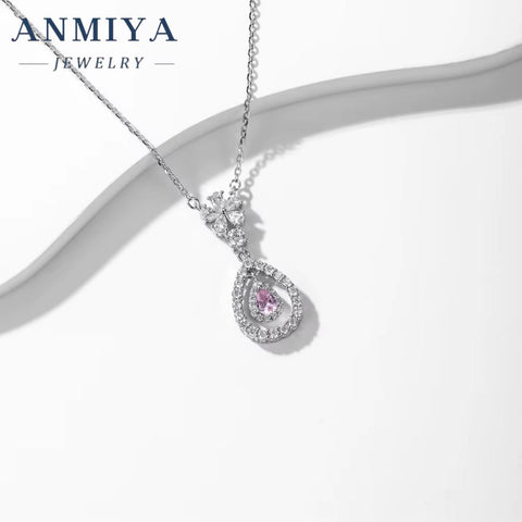Fine Jewelry Pear Ice Crushed Cubic Pink Zirconia Hollow Out Silver Necklace Fashion Jewelry Pendants Charms