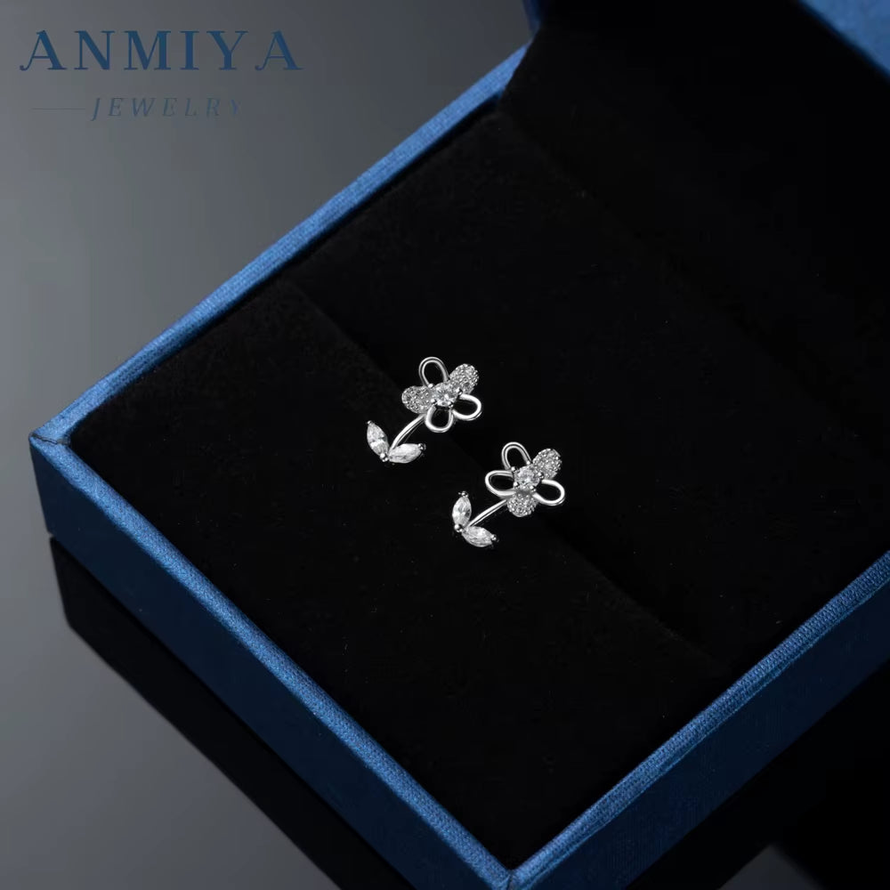 ANMIYA New Fashion 925 Sterling Silver Cute Flower Ear Stud Earrings Studs for Women Jewelry