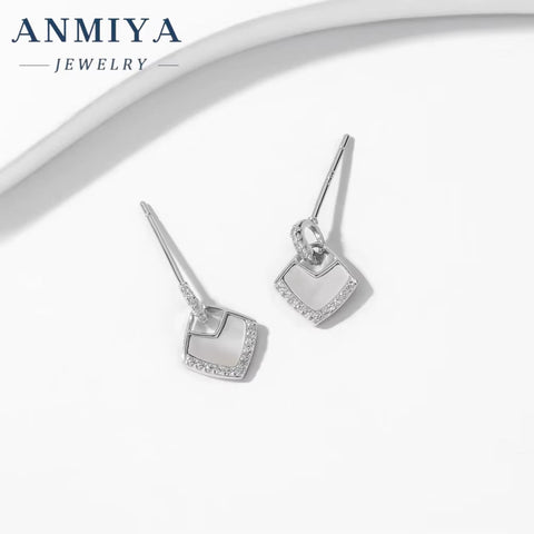 ANMIYA Custom Fineionable Fashion Rhomboid Shape 925 Sterling Silver Shine Earrings for Women