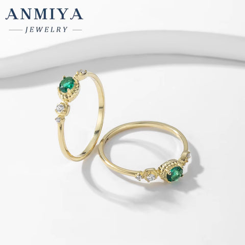 ANMIYA Europe Fashion Vintage Trendy Green Zircon Jewelry 18K Gold Plated Rings for Women