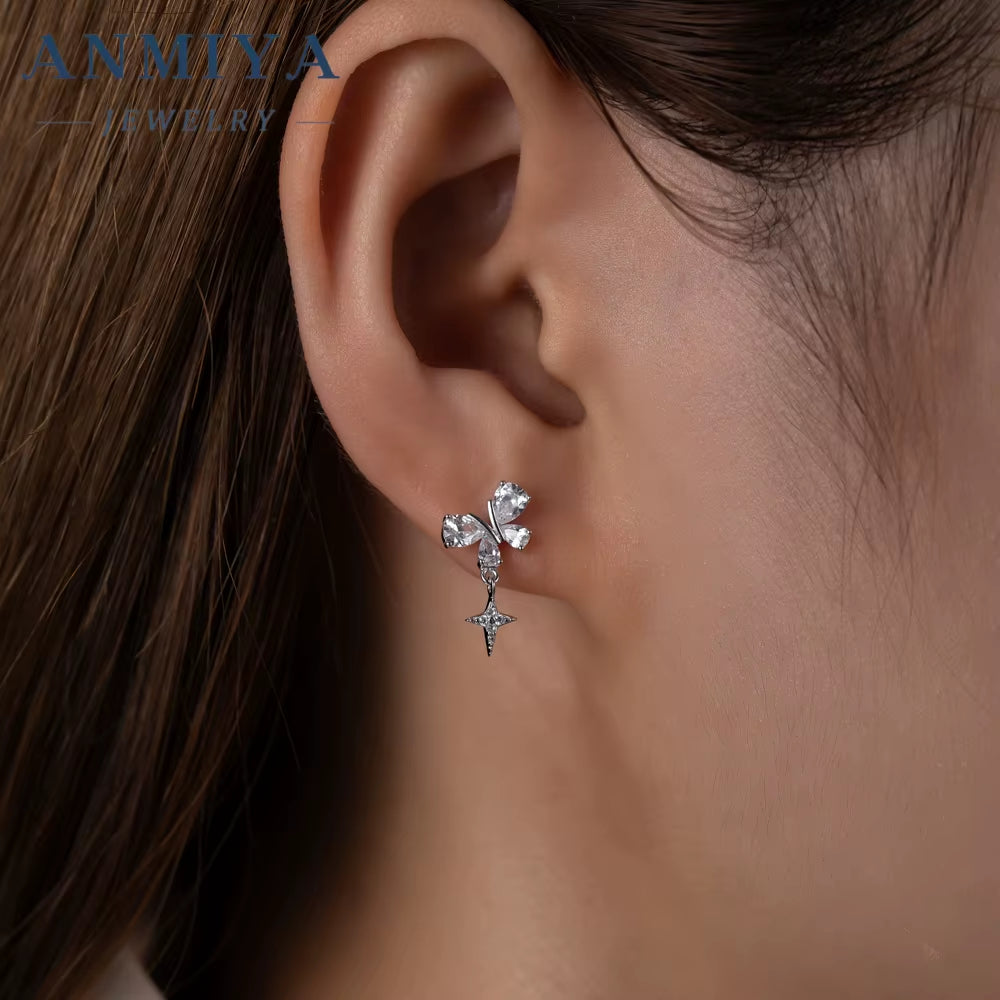 Super Shining Full Zircon Butterfly Stud Earrings for Sweet Girls 925 Silver Plated Rhinestone Women Dangling Star Stud Earrings