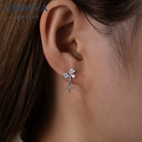 Super Shining Full Zircon Butterfly Stud Earrings for Sweet Girls 925 Silver Plated Rhinestone Women Dangling Star Stud Earrings