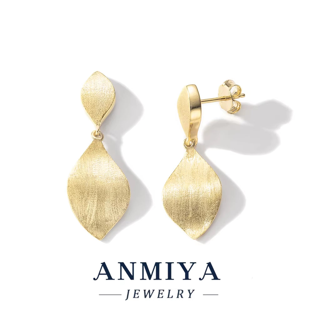 ANMIYA Fashion 925 Sterling Silver Leaves Stud Earrings 14K Bright anti Allergy Waterproof Texture High Quality Jewelry