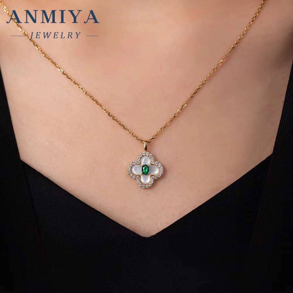 Customized Elegant New Tide Green Zircon Four Leaf Clover Necklace and Earrings Sets 925 Silver for Women