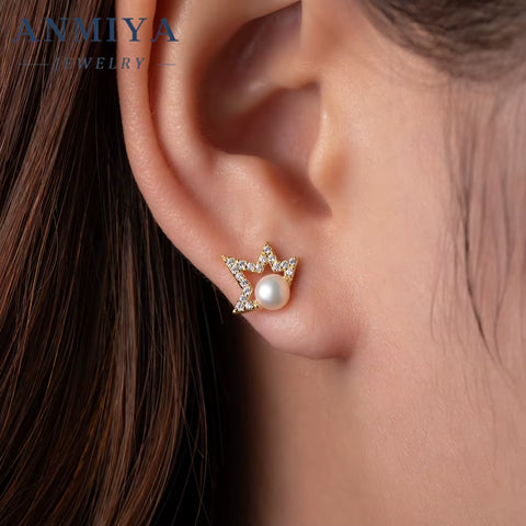 ANMIYA 925 Silver Jewelry Set Star Freshwater Pearl Zircon Necklace and Earring Necklace Set for Women