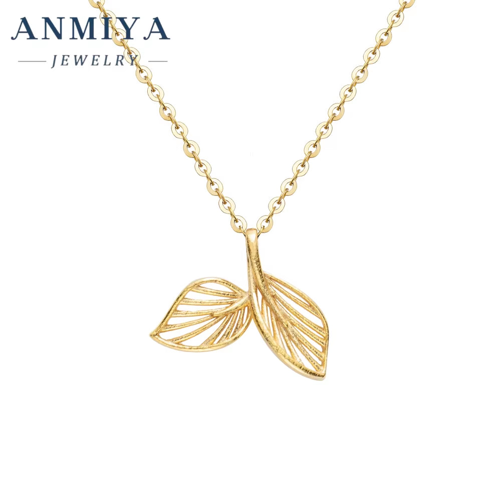 ANMIYA Fashionable Leaf Designs 18K Gold 925 Sterling Silver Leaf Pendant Necklace for Women