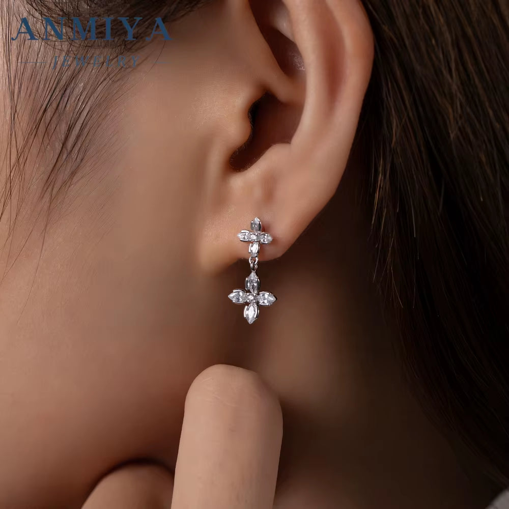 Fashion Jewelry 925 Sterling Silver Flower Earrings Zircon Diamond Dangling Earrings 925 Silver Stud Earrings Women