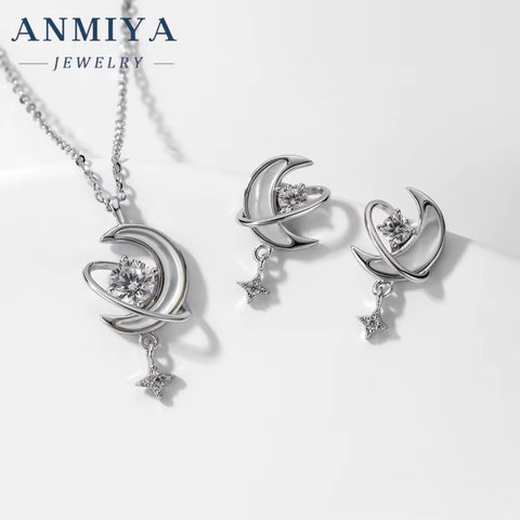 Fashion Jewelry Sets 18K Gold Plated 925 Silver Zircon Women Moon and Star Earrings Necklace Jewelry Set