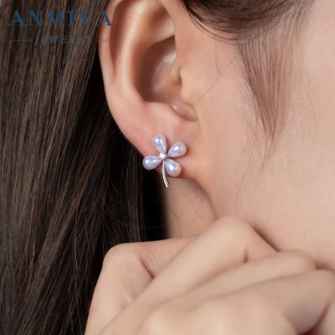 ANMIYA Earrings Silver 925 Sterling Women Zircon with Floral Stud Earrings for Girls
