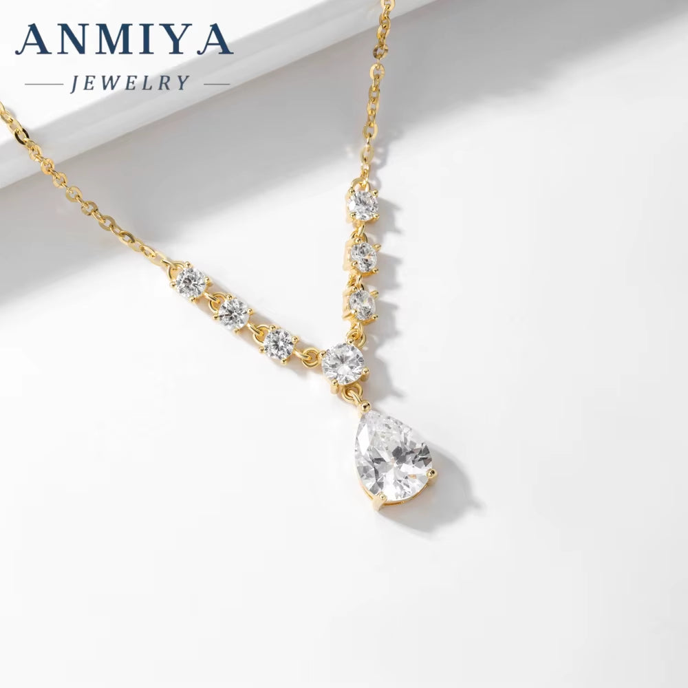 ANMIYA Latest Design Fancy Diamond Pear Cut Pendant Necklace Jewelry 18K Gold Plated Zircon Necklace for Wholesale