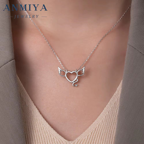 ANMIYA Simple 925 Sterling Silver Heart Zircon Pendant Jewelry European and American Women'S Love Necklace