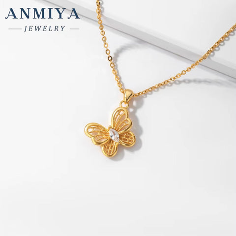 ANMIYA Elegant Hollow Out Zircon Butterfly Necklace 18K Gold 925 Silver Necklace for Women
