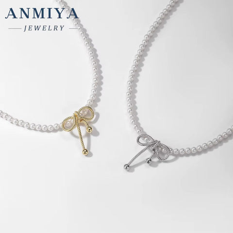 ANMIYA 18K Gold Plated Fashion Charms Choker 925 Silver Baroque Beaded Butterfly Bow Bead Jewelry Pearl Necklaces for Women