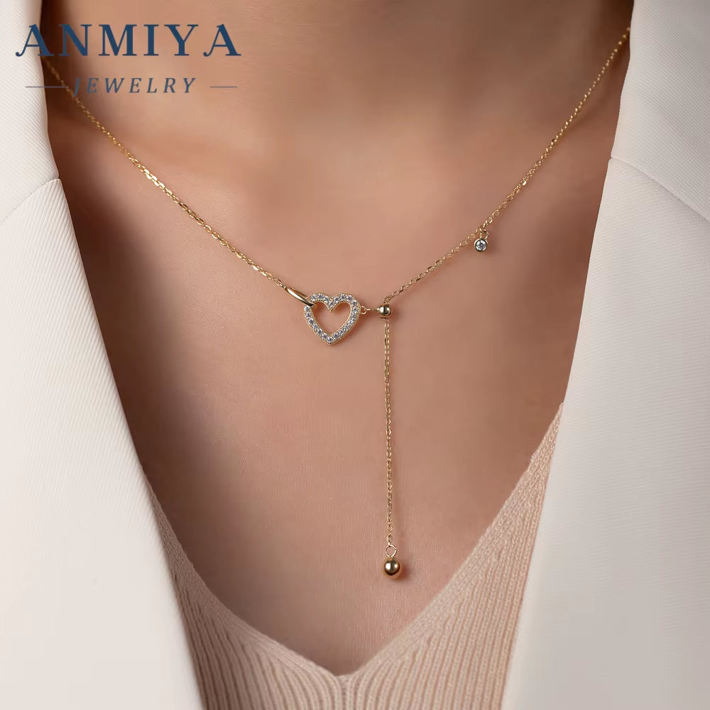 ANMIYA Fashion 18K Gold Plated S925 Sterling Silver Tassel Clavicle Chains Heart Pendant Designer S925 Heart Necklace for Women