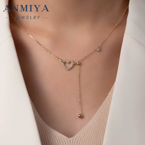 ANMIYA Fashion 18K Gold Plated S925 Sterling Silver Tassel Clavicle Chains Heart Pendant Designer S925 Heart Necklace for Women