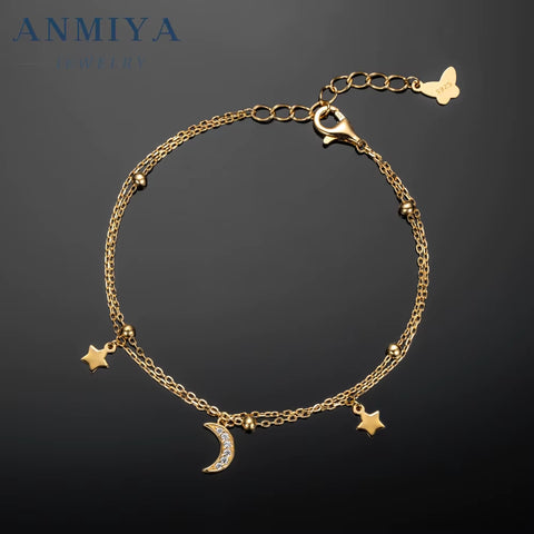 ANMIYA Double Chain Gold Plated Sterling 925 Silver Designer Bracelets Star and Moon Hand Chain for Women Femmes