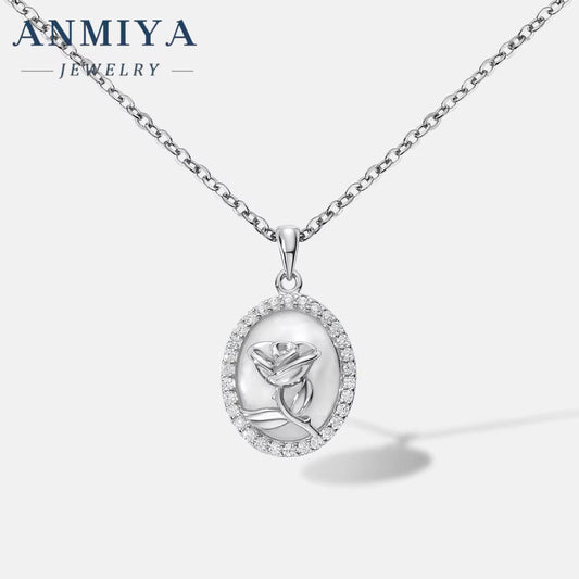 Vintage Rose round Shape Zircon Necklace 925 Sterling Silver Link Chain Fashionable Flower Pattern Necklace for Girls