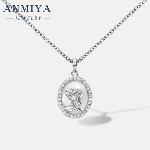 Vintage Rose round Shape Zircon Necklace 925 Sterling Silver Link Chain Fashionable Flower Pattern Necklace for Girls