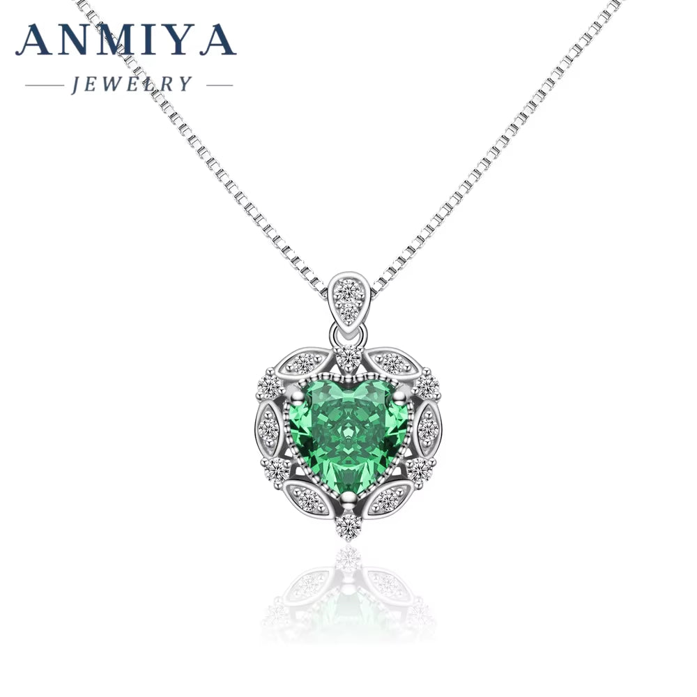 Fine Jewelry 925 Sterling Silver Necklace Green Ice Cut Zircon Heart Shape Necklace for Lover