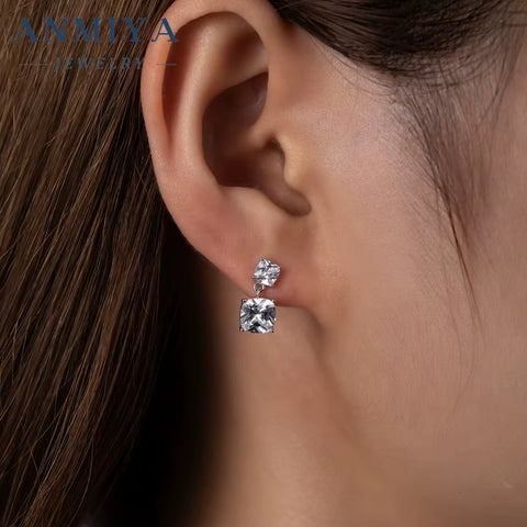 ANMIYA Square Cut 925 Silver Cubic Zirconia Dangle Stud Earings Jewelry Women 925 Silver Gift Earrings for Women