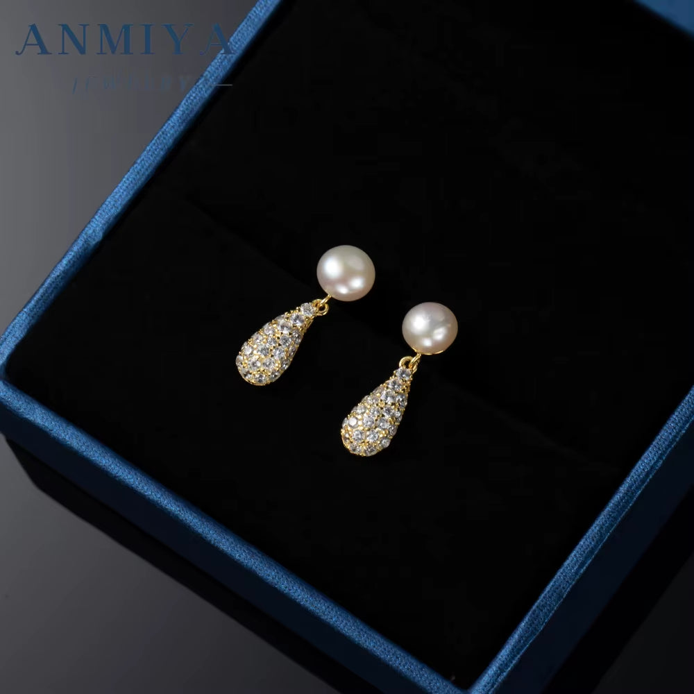 Fine Jewelry 925 Sterling Silver 18K Gold Plated Earrings Fresh Water Pearl Zircon Ear Earrings