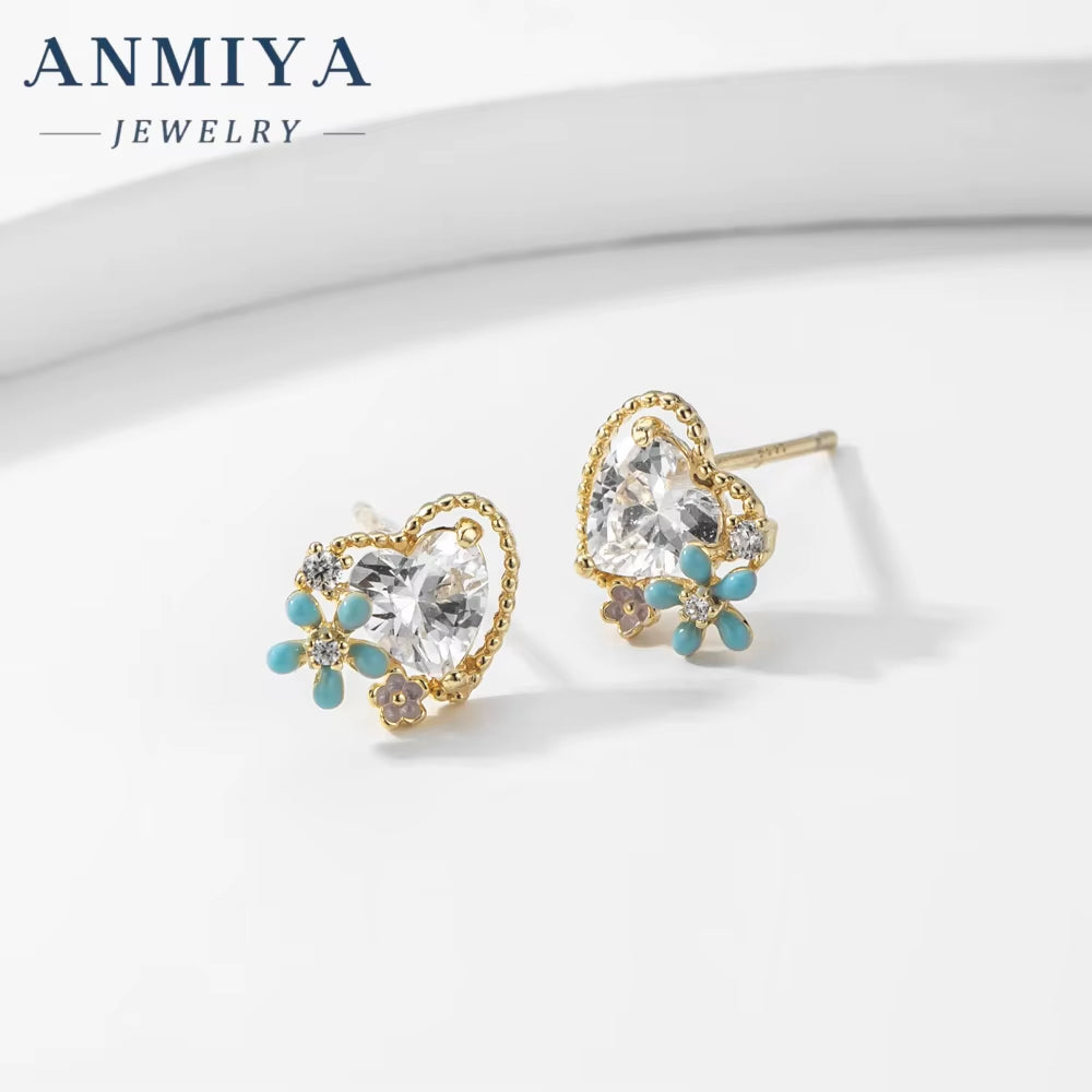 INS Hot Sales Fine Jewelry 925 Sterling Silver Big Zircon Glaring White Blue Flower Cute Girl Earrings