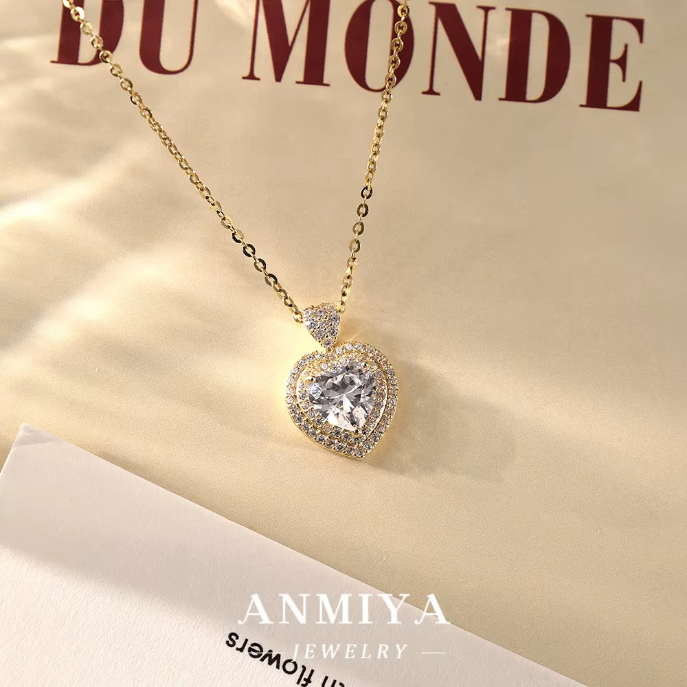 ANMIYA 18K Gold Plated Bling Diamond Small Heart Shape 925 Silver Love Forever Necklace for Mom Valentine'S Day
