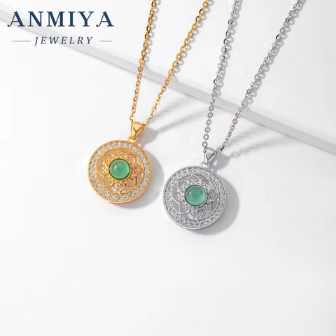 ANMIYA Hollow Flower Pattern Green Chalcedony round Shape 925 Silver 18K Gold Plated Necklace for Women