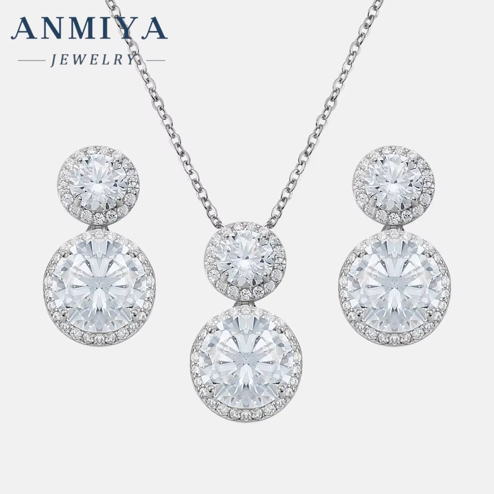 Glaring Fashion Jewelry Earrings Double round Zircon Set Lab Diamond Jewelry Earrings and Necklace for Women