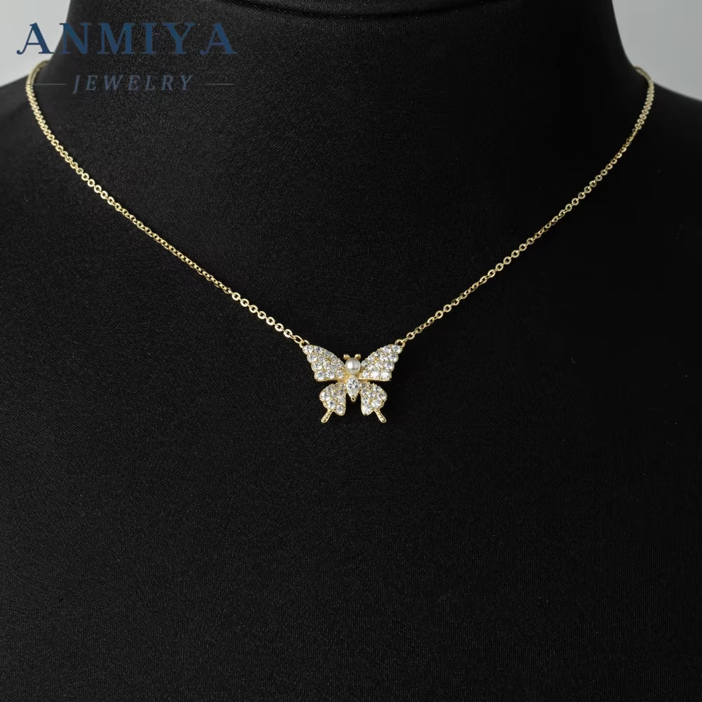 ANMIYA Necklace Golden Plating Fashion Women Jewelry 925 Sterling Silver Butterfly Necklace