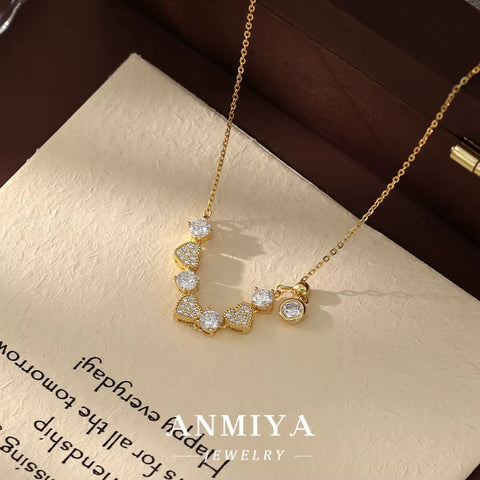 ANMIYA 18K Gold Plated S925 Silver Necklace Heart round Shape Cubic Zirconia Pendant Necklaces for Women