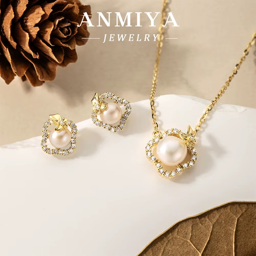 INS Trendy Fashion Four Leaf Clover Freshwater Pearl Necklace Earrings Set Stylish 925 Sterling Silver Bridal Jewellery