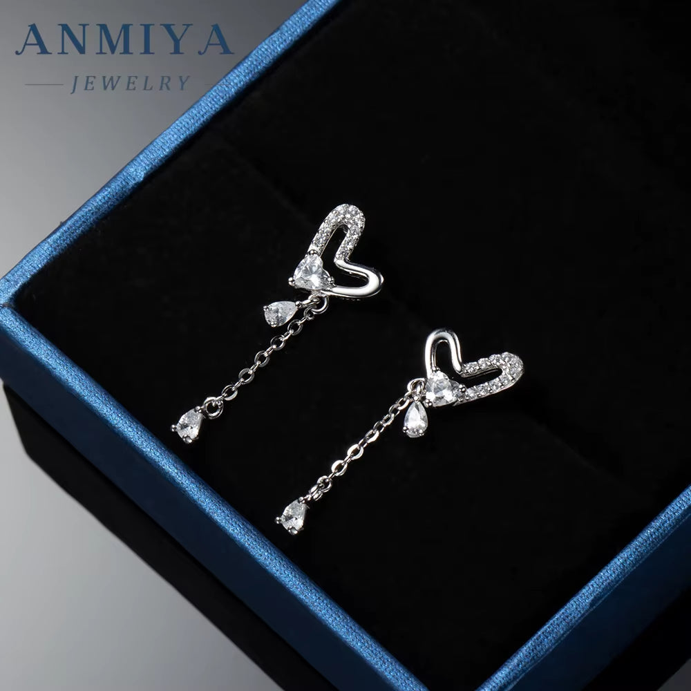Popular 925 Silver Heart Long Tassel Zircon Rhinestone Earrings Stud Dangle Wedding Women Jewelry Earrings