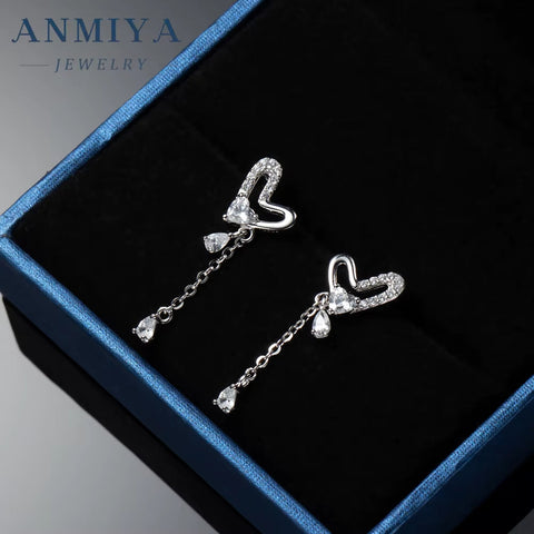 Popular 925 Silver Heart Long Tassel Zircon Rhinestone Earrings Stud Dangle Wedding Women Jewelry Earrings