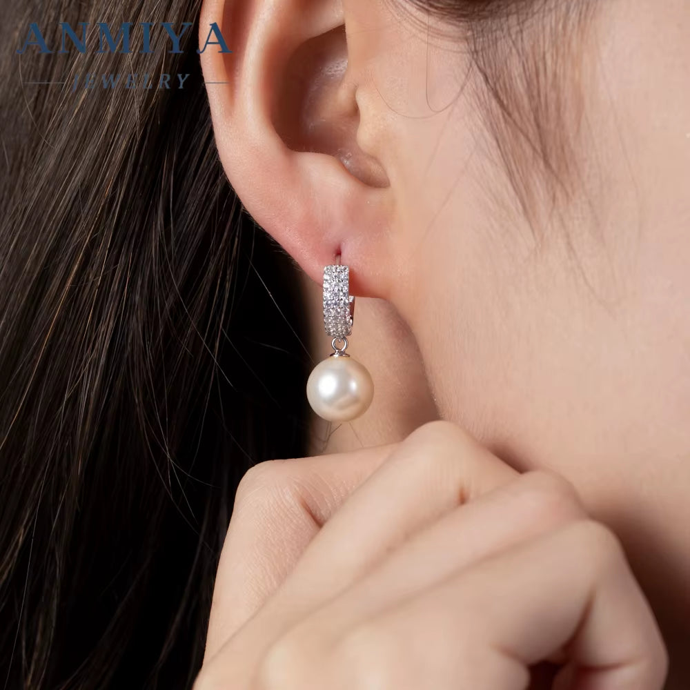 ANMIYA Designer Trendy S925 Silver Freshwater Pearl Drop Bridal Pendant Hoop Earrings