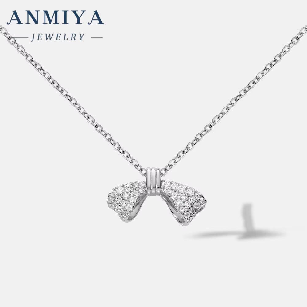 ANMIAY Simple and Fashionable S925 Silver Necklace with Zirconia Sweet and Lovely Girl'S Bow Necklace