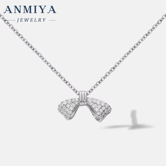 ANMIAY Simple and Fashionable S925 Silver Necklace with Zirconia Sweet and Lovely Girl'S Bow Necklace