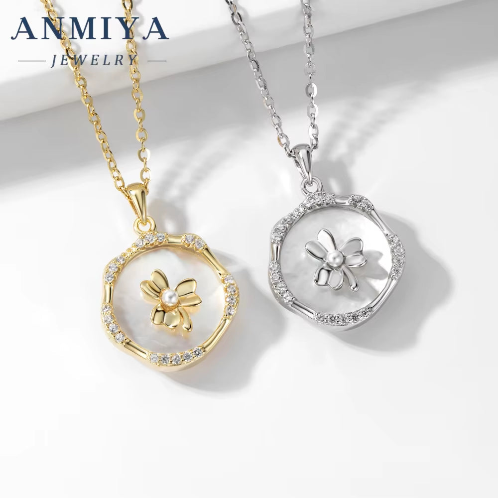 Minimalist 18K Gold Luck Four Leaf Clover round White Shell Necklace 925 Silver Necklace